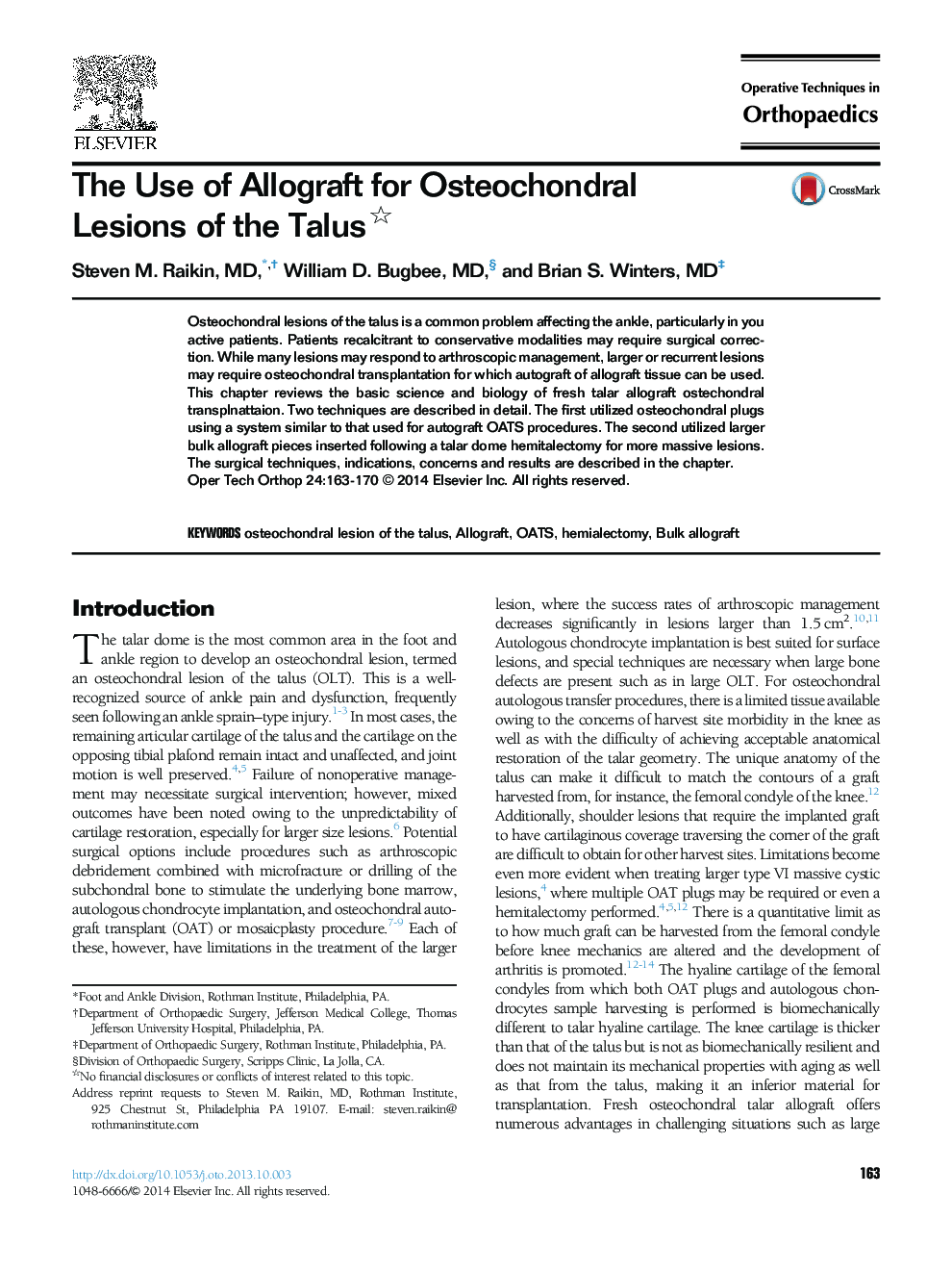 The Use of Allograft for Osteochondral Lesions of the Talus 