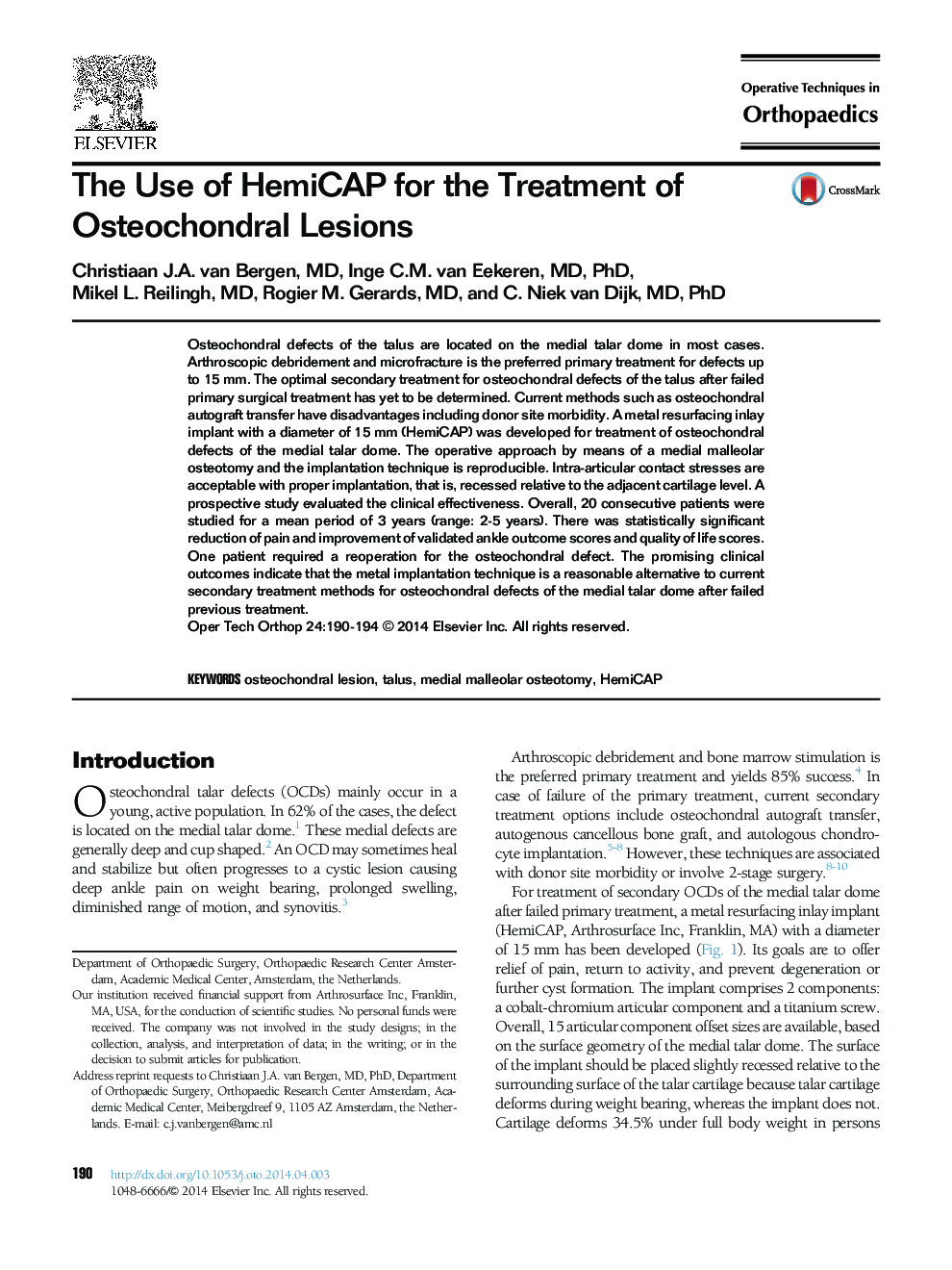 The Use of HemiCAP for the Treatment of Osteochondral Lesions 