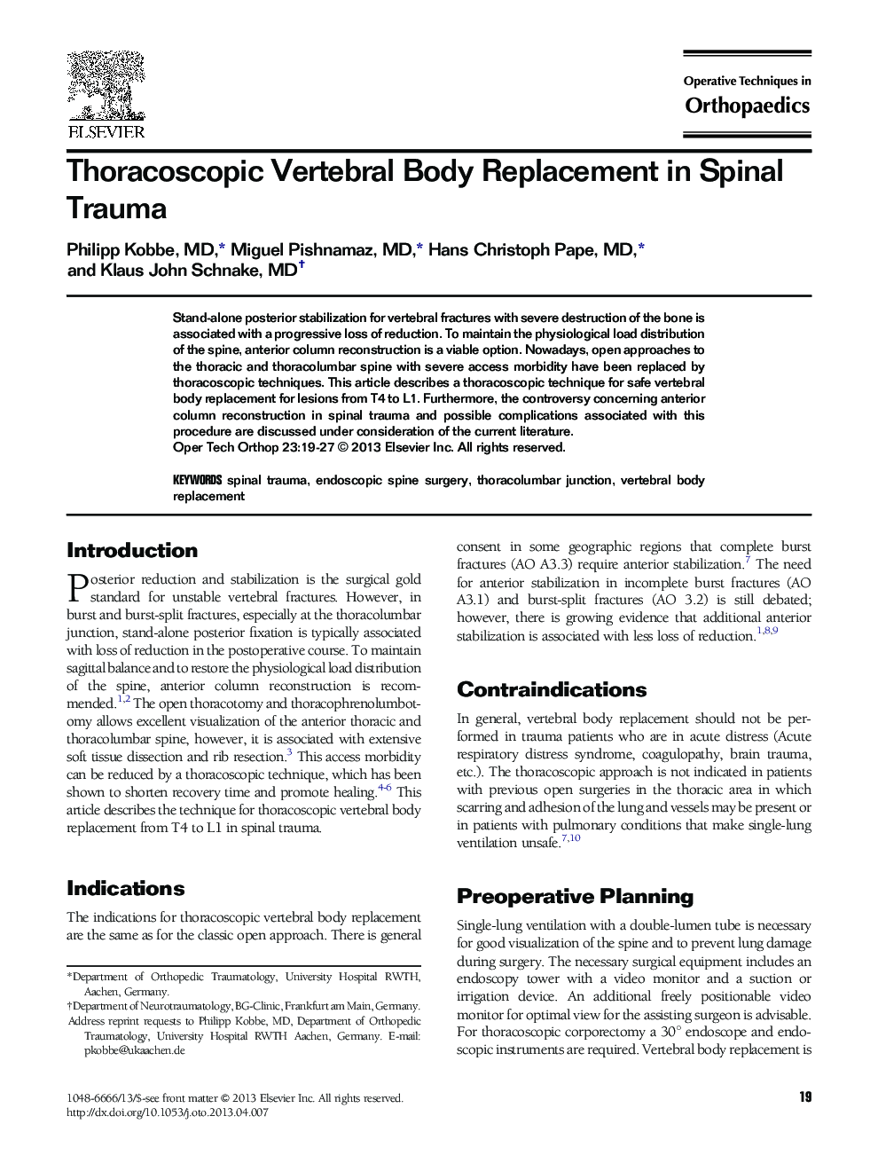 Thoracoscopic Vertebral Body Replacement in Spinal Trauma