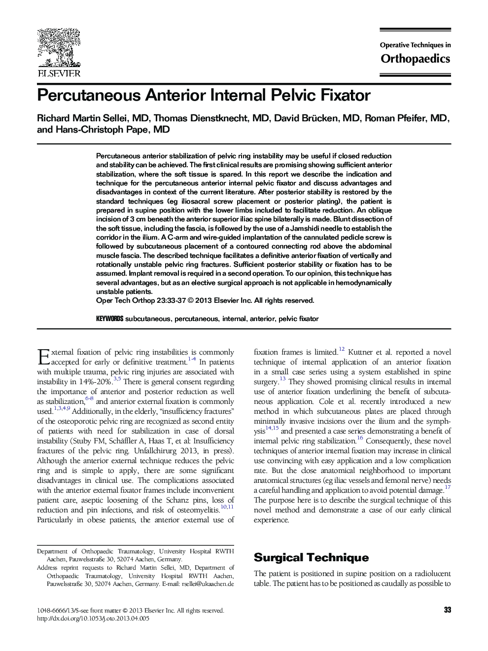 Percutaneous Anterior Internal Pelvic Fixator