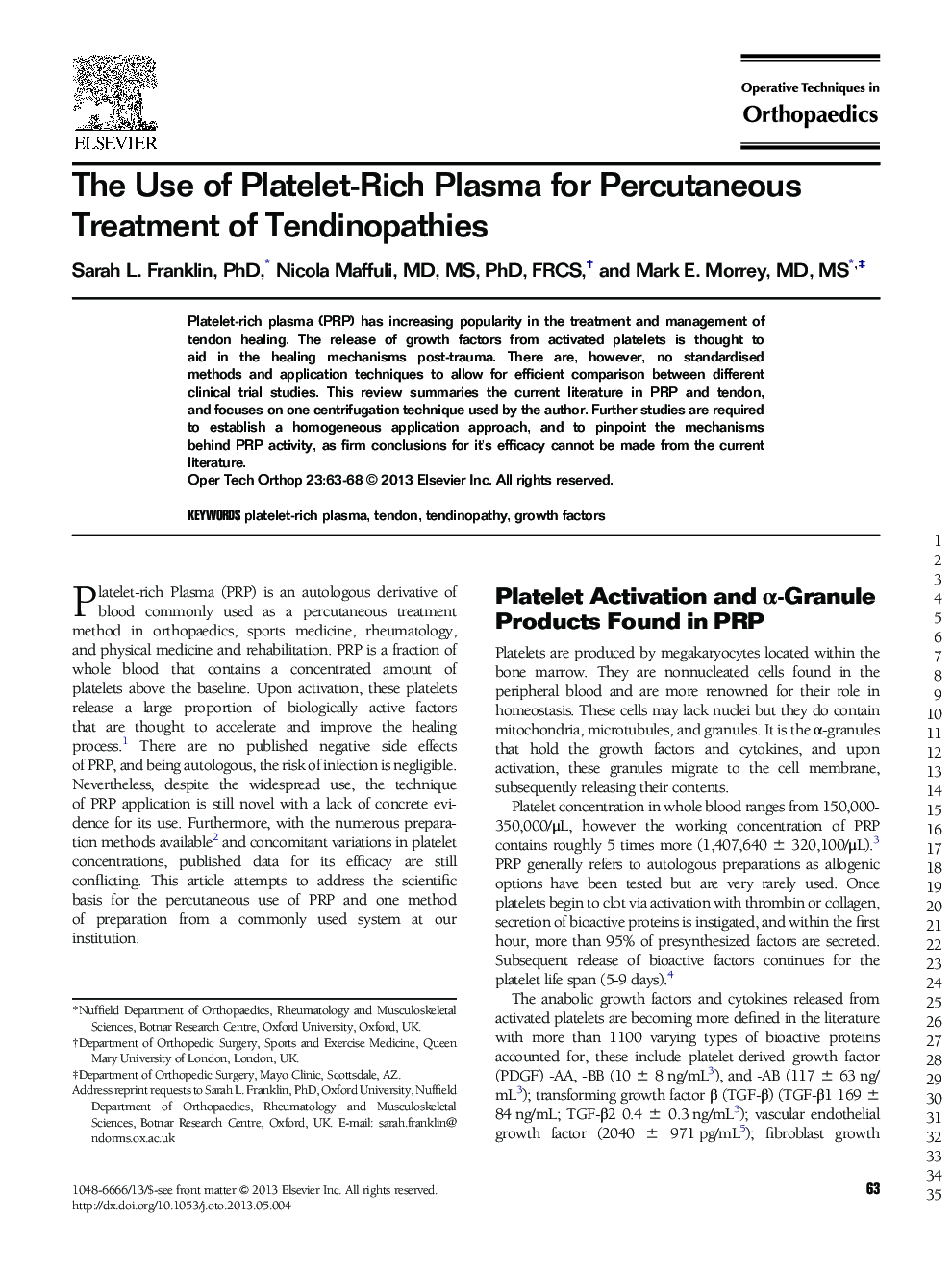 The Use of Platelet-Rich Plasma for Percutaneous Treatment of Tendinopathies