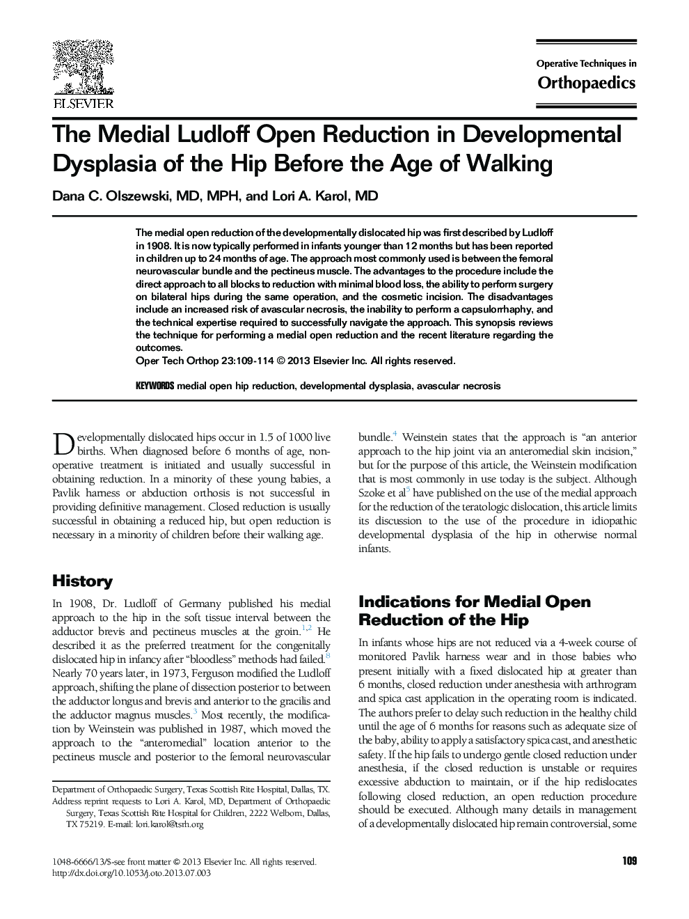 The Medial Ludloff Open Reduction in Developmental Dysplasia of the Hip Before the Age of Walking