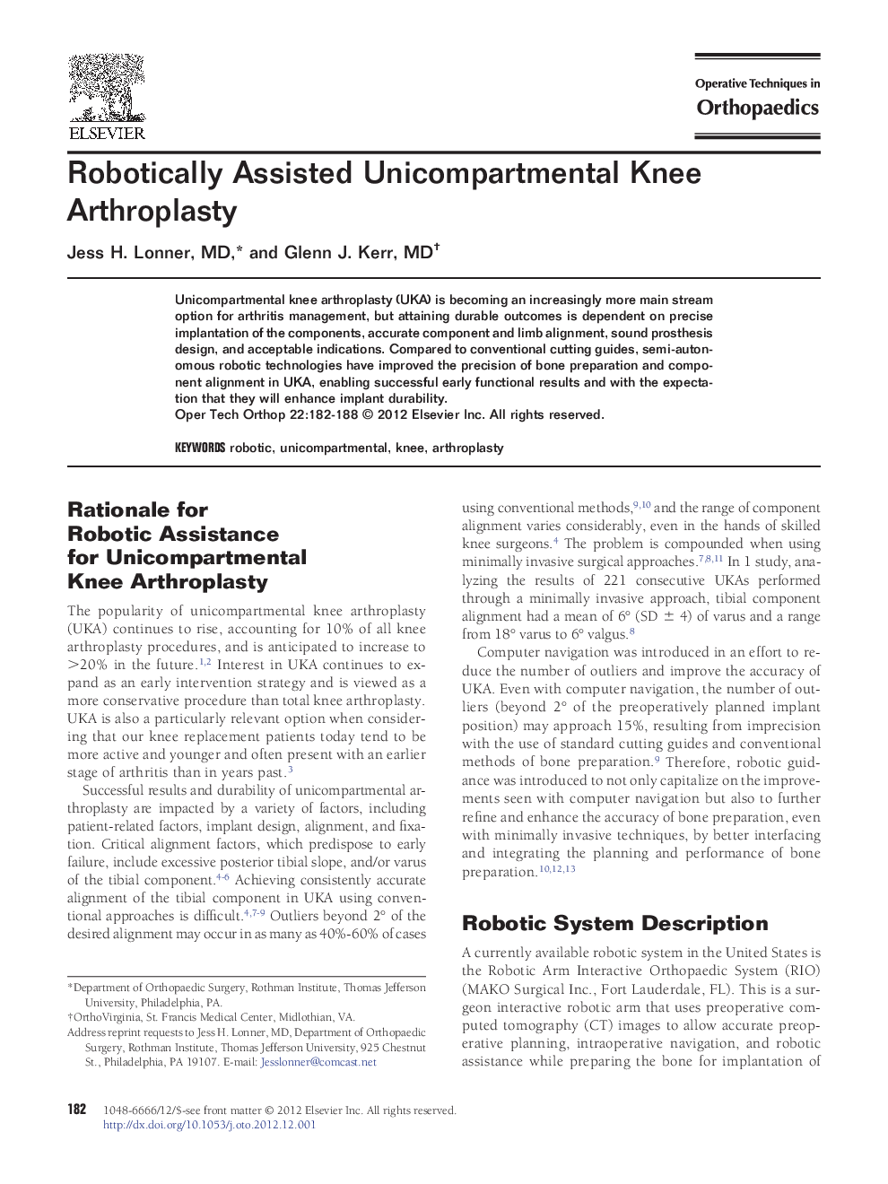 Robotically Assisted Unicompartmental Knee Arthroplasty