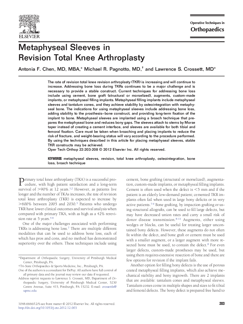 Metaphyseal Sleeves in Revision Total Knee Arthroplasty 