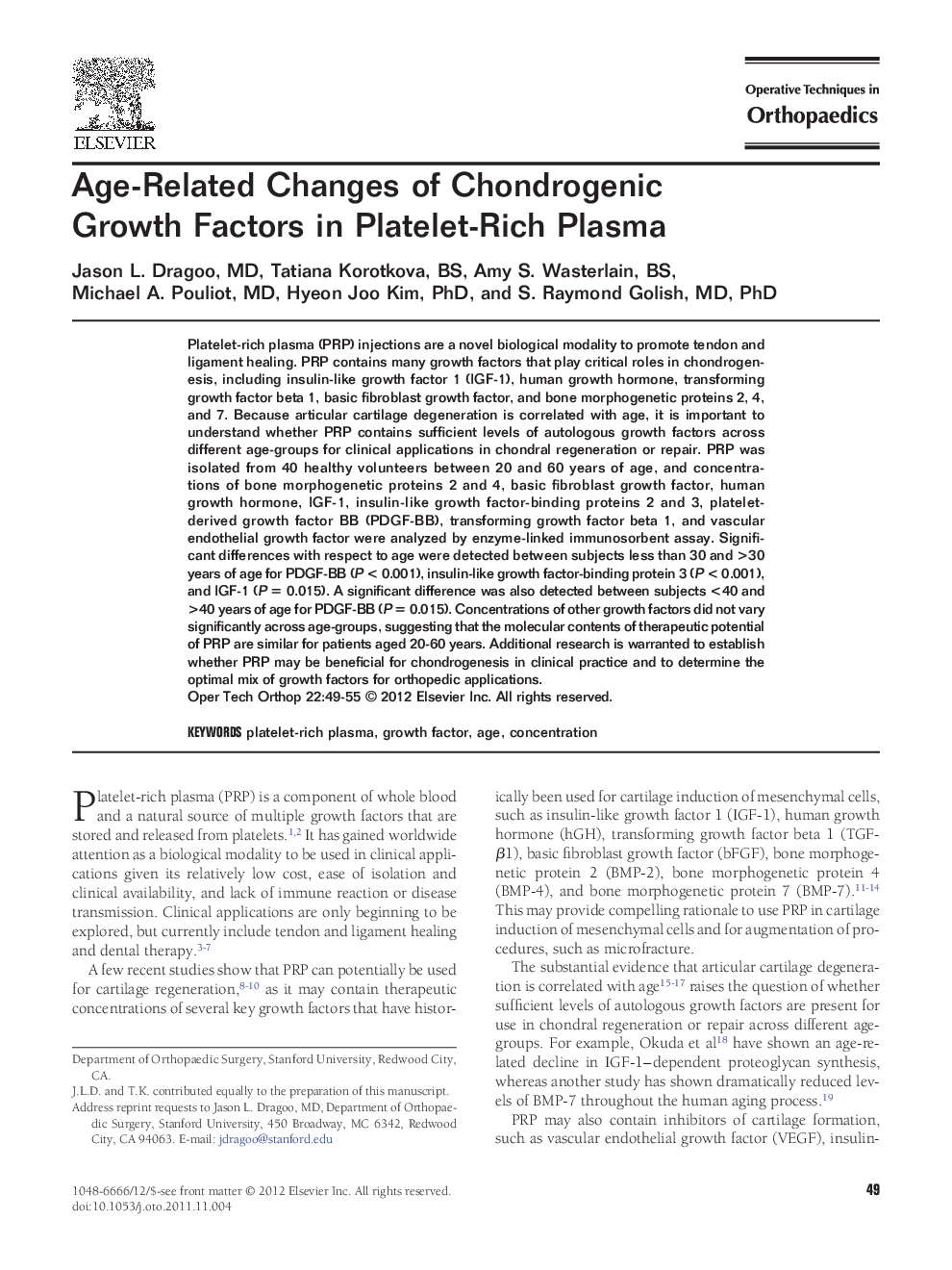 Age-Related Changes of Chondrogenic Growth Factors in Platelet-Rich Plasma 