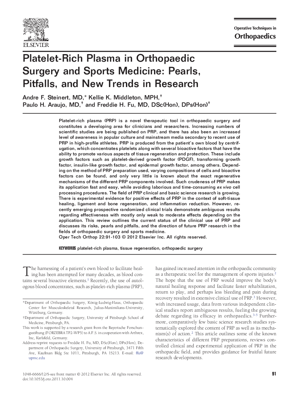 Platelet-Rich Plasma in Orthopaedic Surgery and Sports Medicine: Pearls, Pitfalls, and New Trends in Research 