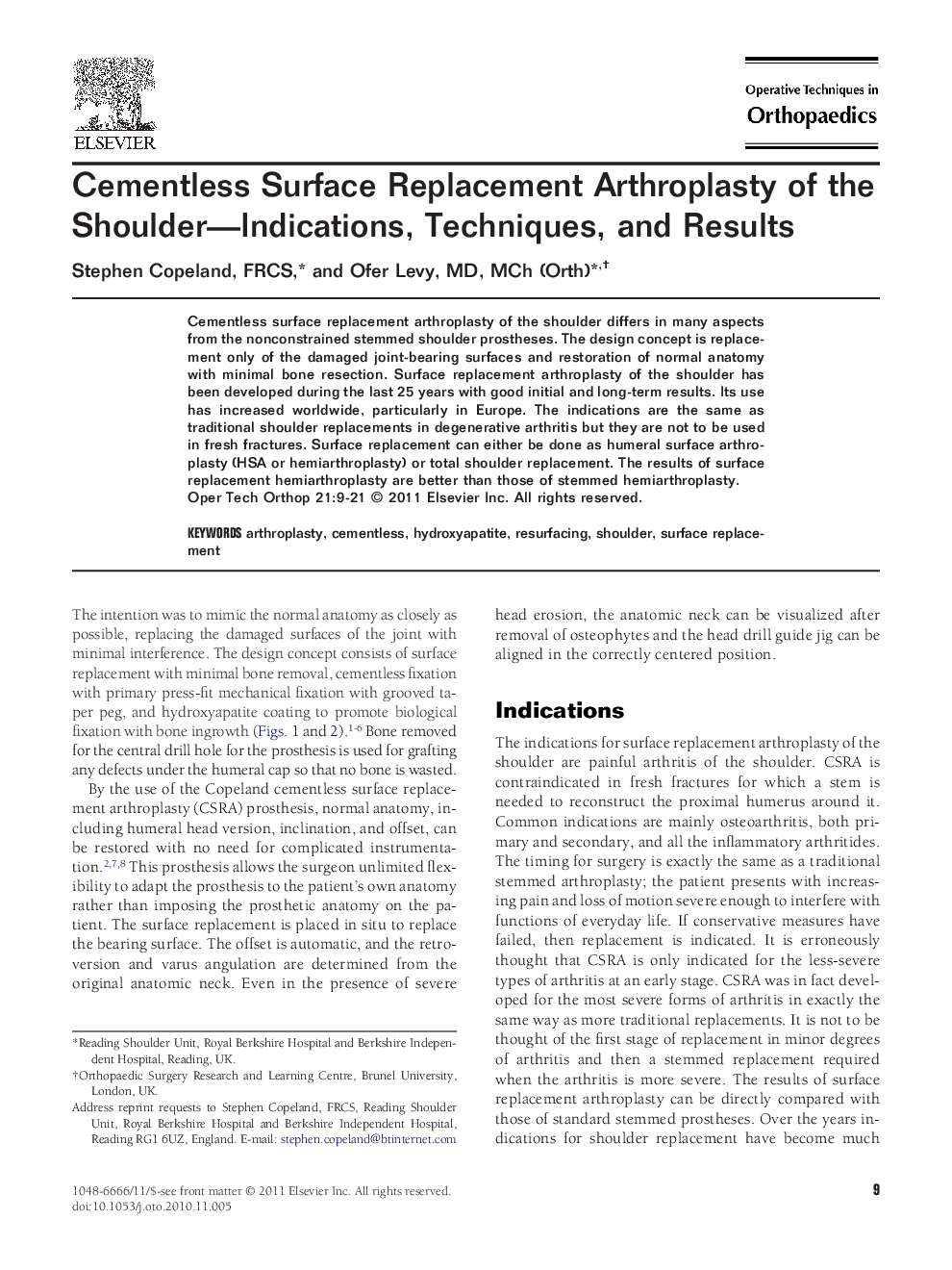 Cementless Surface Replacement Arthroplasty of the Shoulder—Indications, Techniques, and Results