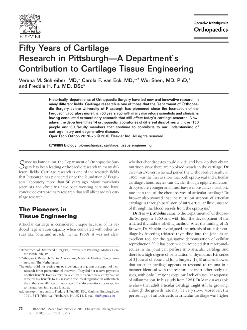 Fifty Years of Cartilage Research in Pittsburgh-A Department's Contribution to Cartilage Tissue Engineering