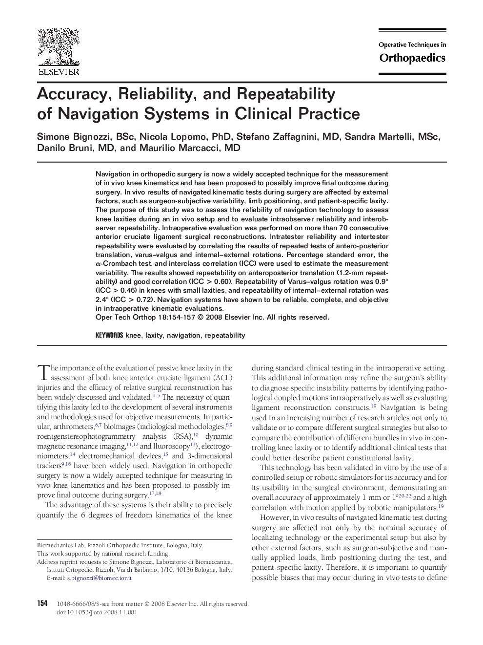 Accuracy, Reliability, and Repeatability of Navigation Systems in Clinical Practice 