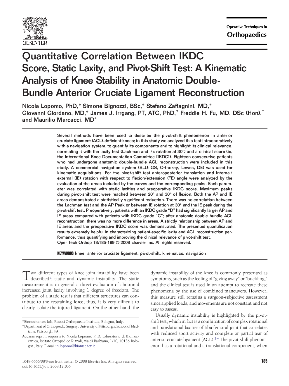 Quantitative Correlation Between IKDC Score, Static Laxity, and Pivot-Shift Test: A Kinematic Analysis of Knee Stability in Anatomic Double-Bundle Anterior Cruciate Ligament Reconstruction