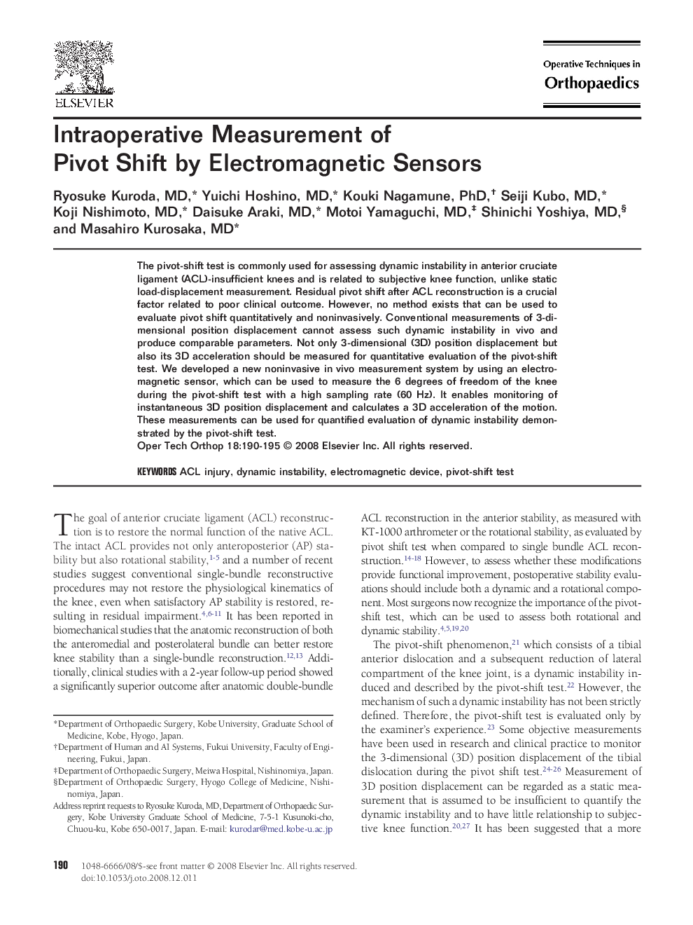 Intraoperative Measurement of Pivot Shift by Electromagnetic Sensors