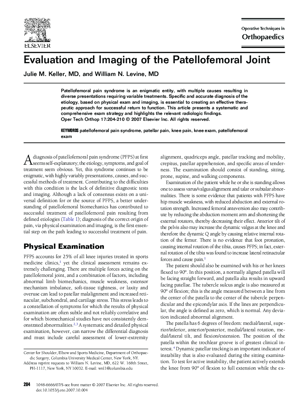 Evaluation and Imaging of the Patellofemoral Joint