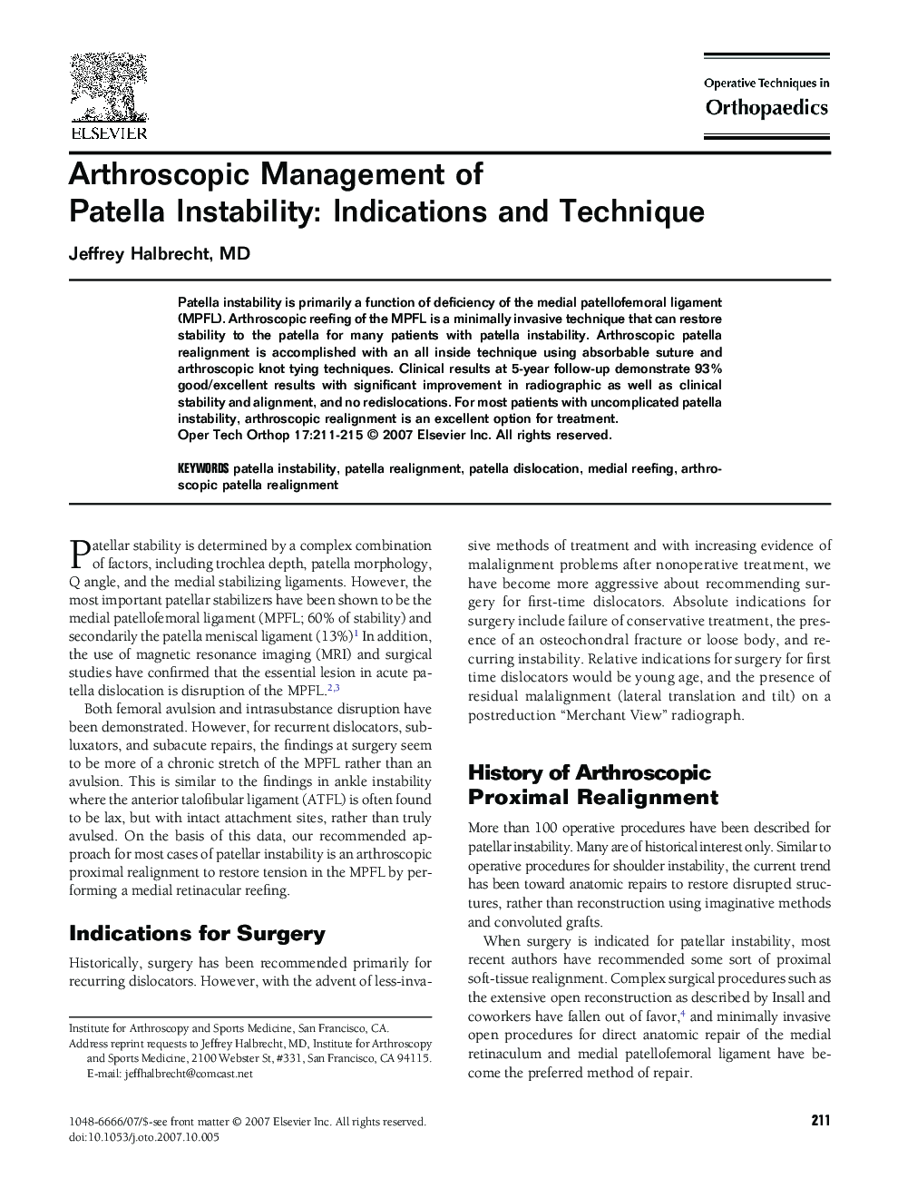 Arthroscopic Management of Patella Instability: Indications and Technique