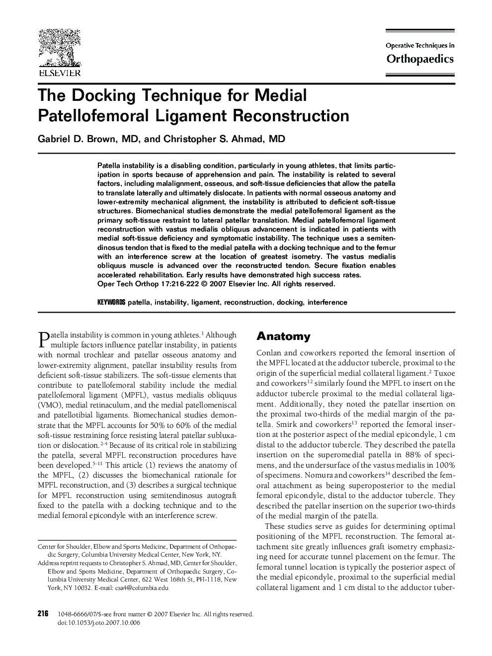 The Docking Technique for Medial Patellofemoral Ligament Reconstruction