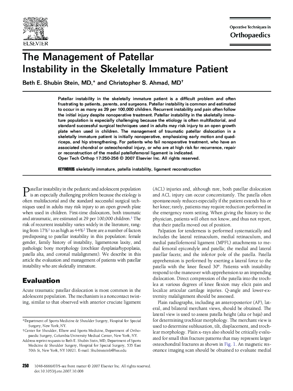 The Management of Patellar Instability in the Skeletally Immature Patient