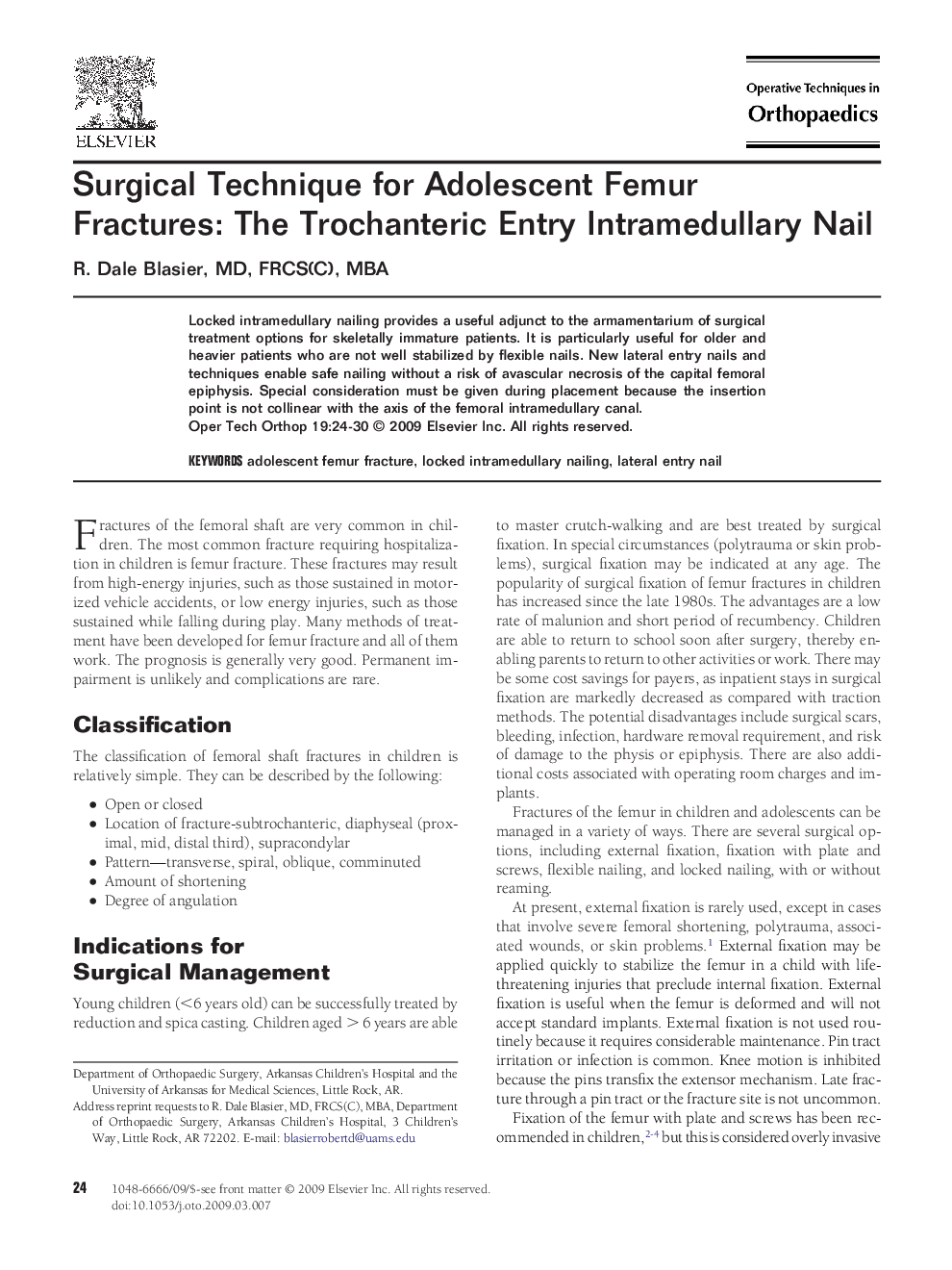 Surgical Technique for Adolescent Femur Fractures: The Trochanteric Entry Intramedullary Nail