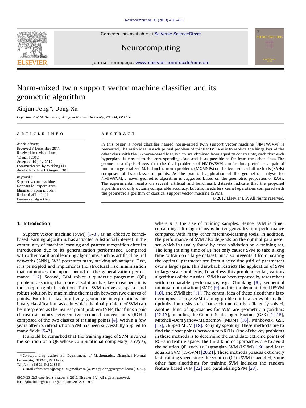 Norm-mixed twin support vector machine classifier and its geometric algorithm