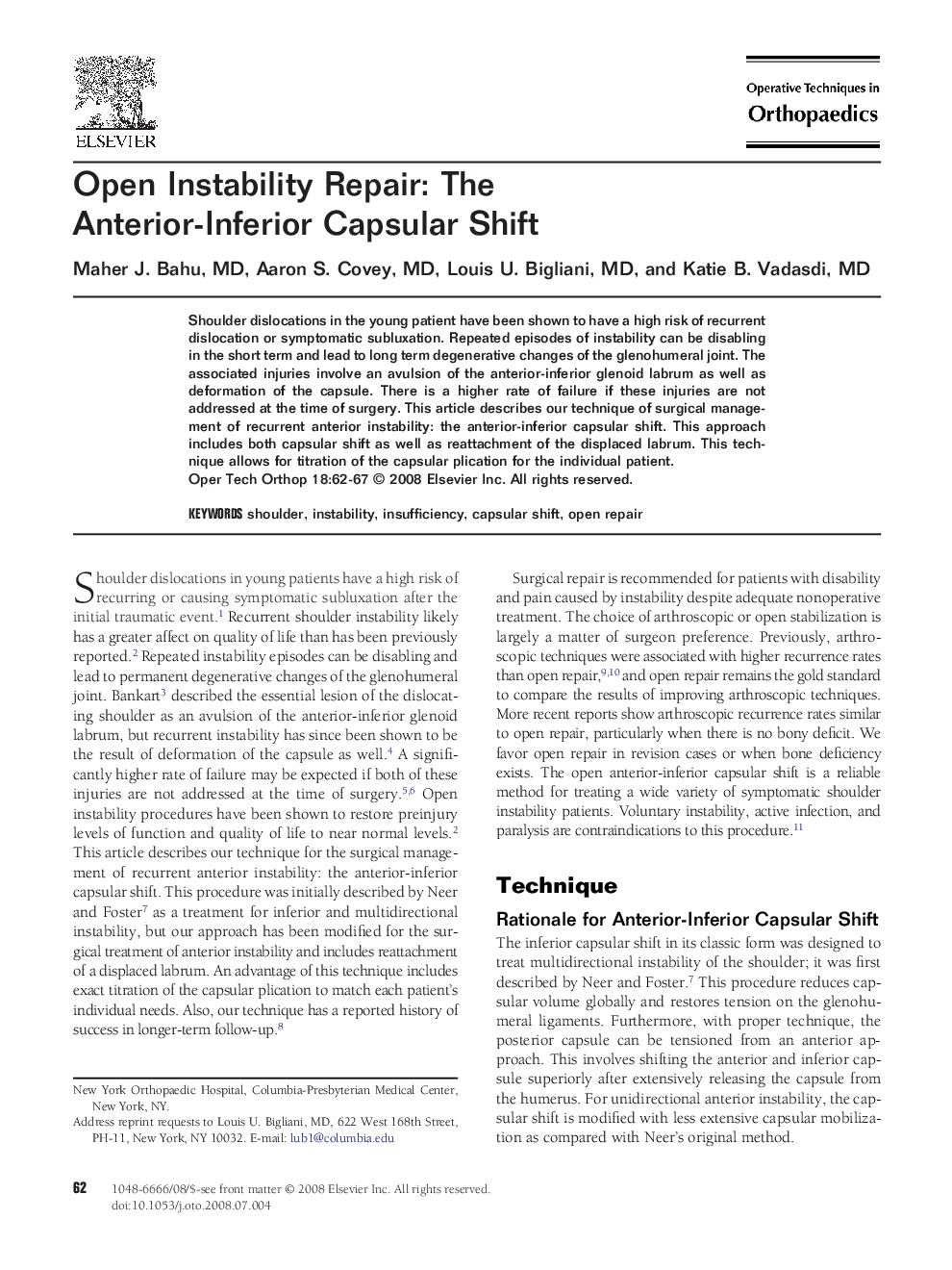 Open Instability Repair: The Anterior-Inferior Capsular Shift