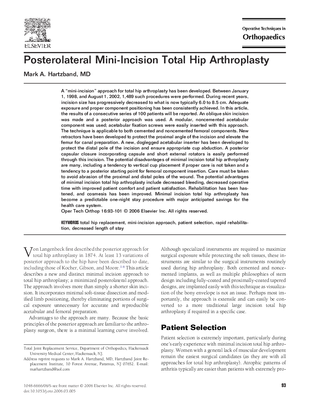 Posterolateral Mini-Incision Total Hip Arthroplasty