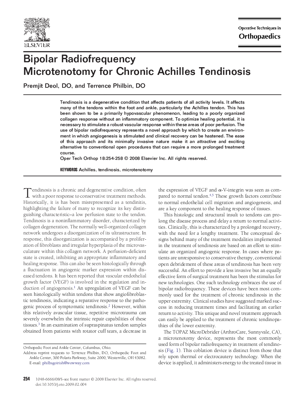 Bipolar Radiofrequency Microtenotomy for Chronic Achilles Tendinosis