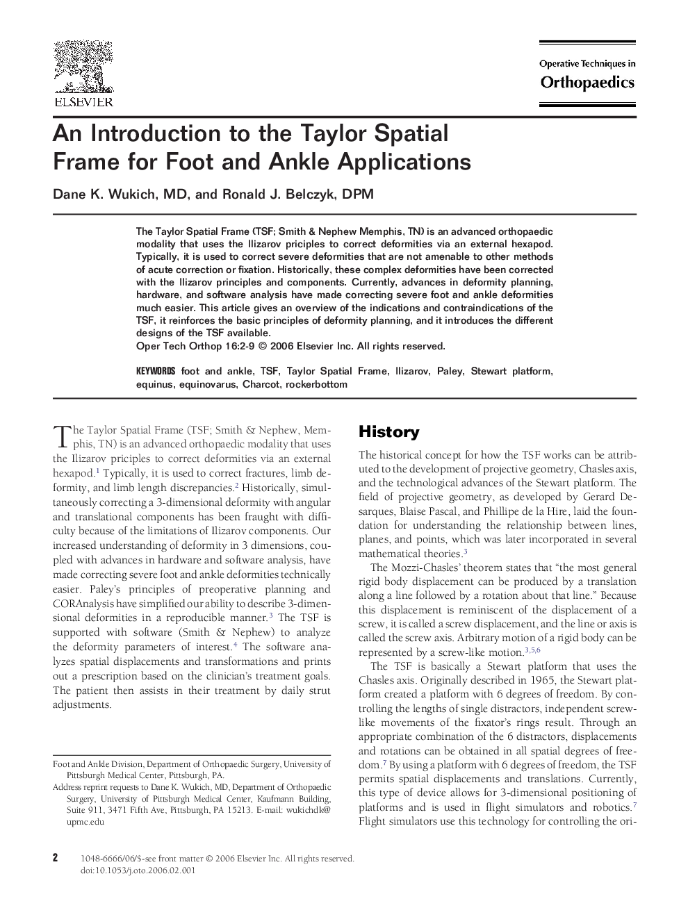 An Introduction to the Taylor Spatial Frame for Foot and Ankle Applications