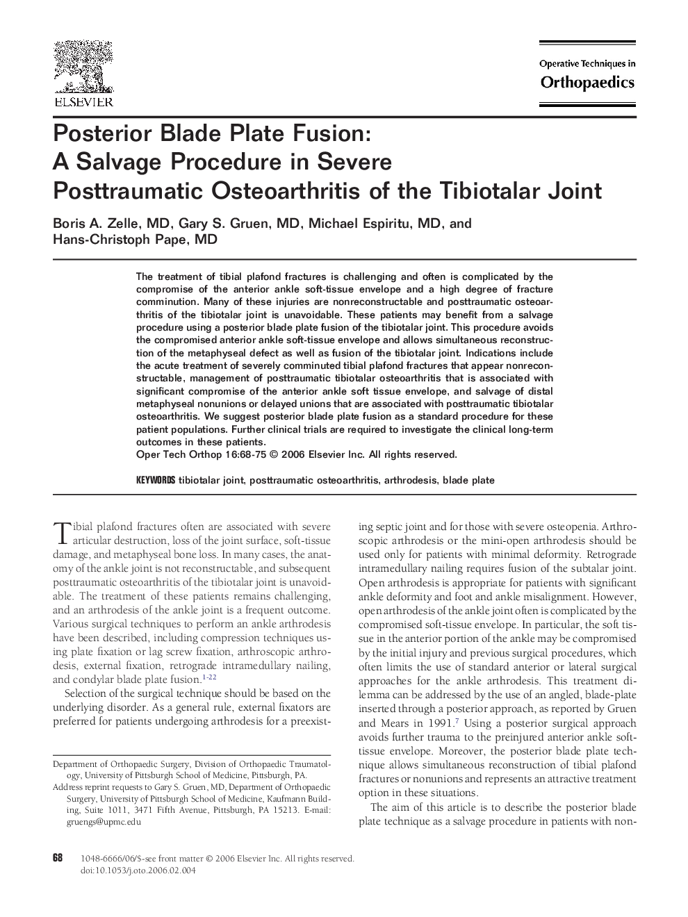 Posterior Blade Plate Fusion: A Salvage Procedure in Severe Posttraumatic Osteoarthritis of the Tibiotalar Joint