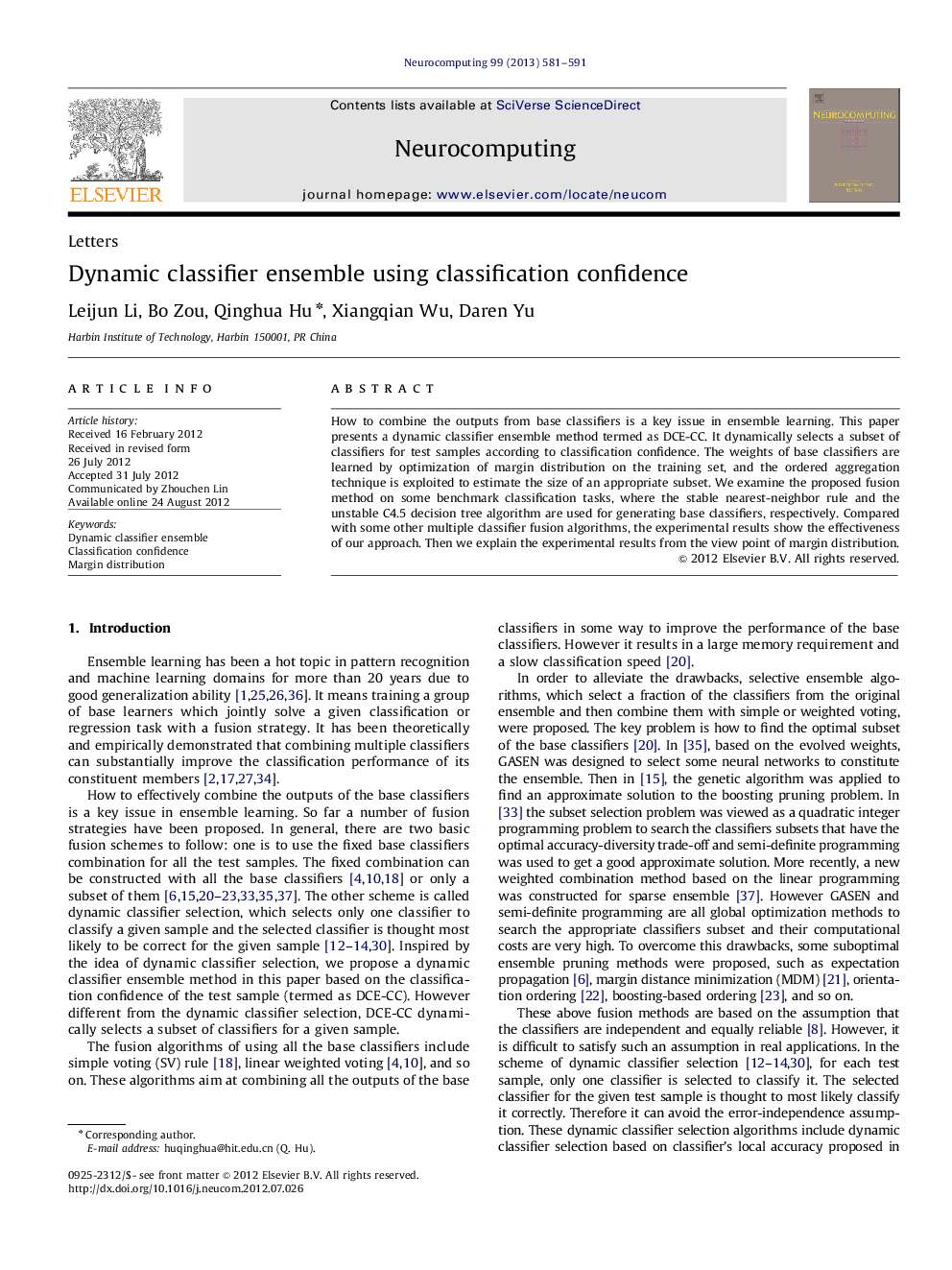 Dynamic classifier ensemble using classification confidence