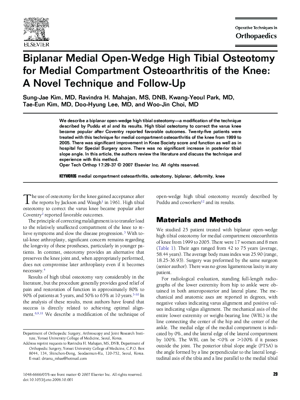 Biplanar Medial Open-Wedge High Tibial Osteotomy for Medial Compartment Osteoarthritis of the Knee: A Novel Technique and Follow-Up