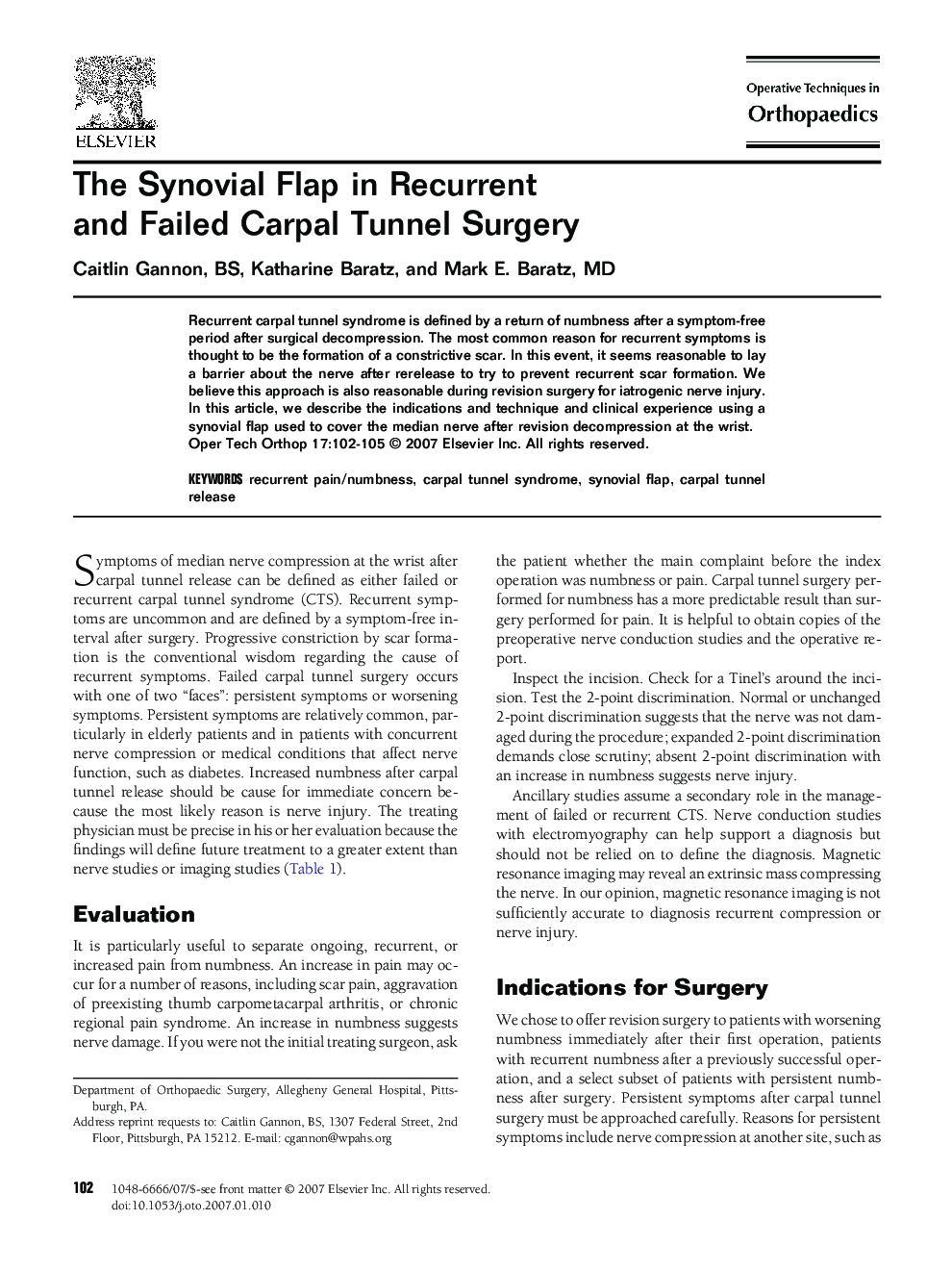 The Synovial Flap in Recurrent and Failed Carpal Tunnel Surgery