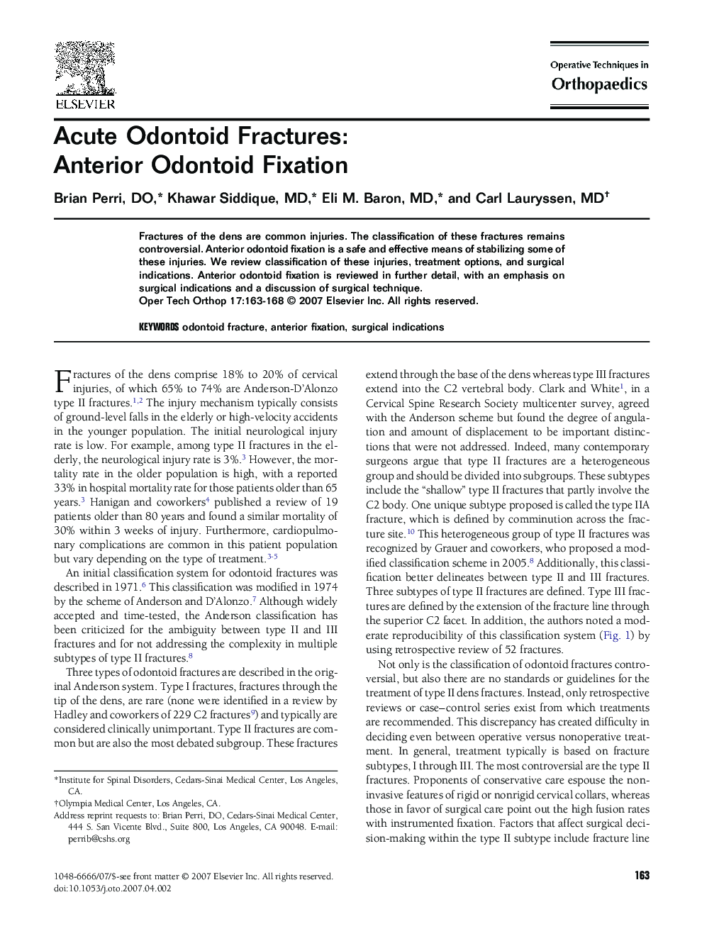 Acute Odontoid Fractures: Anterior Odontoid Fixation