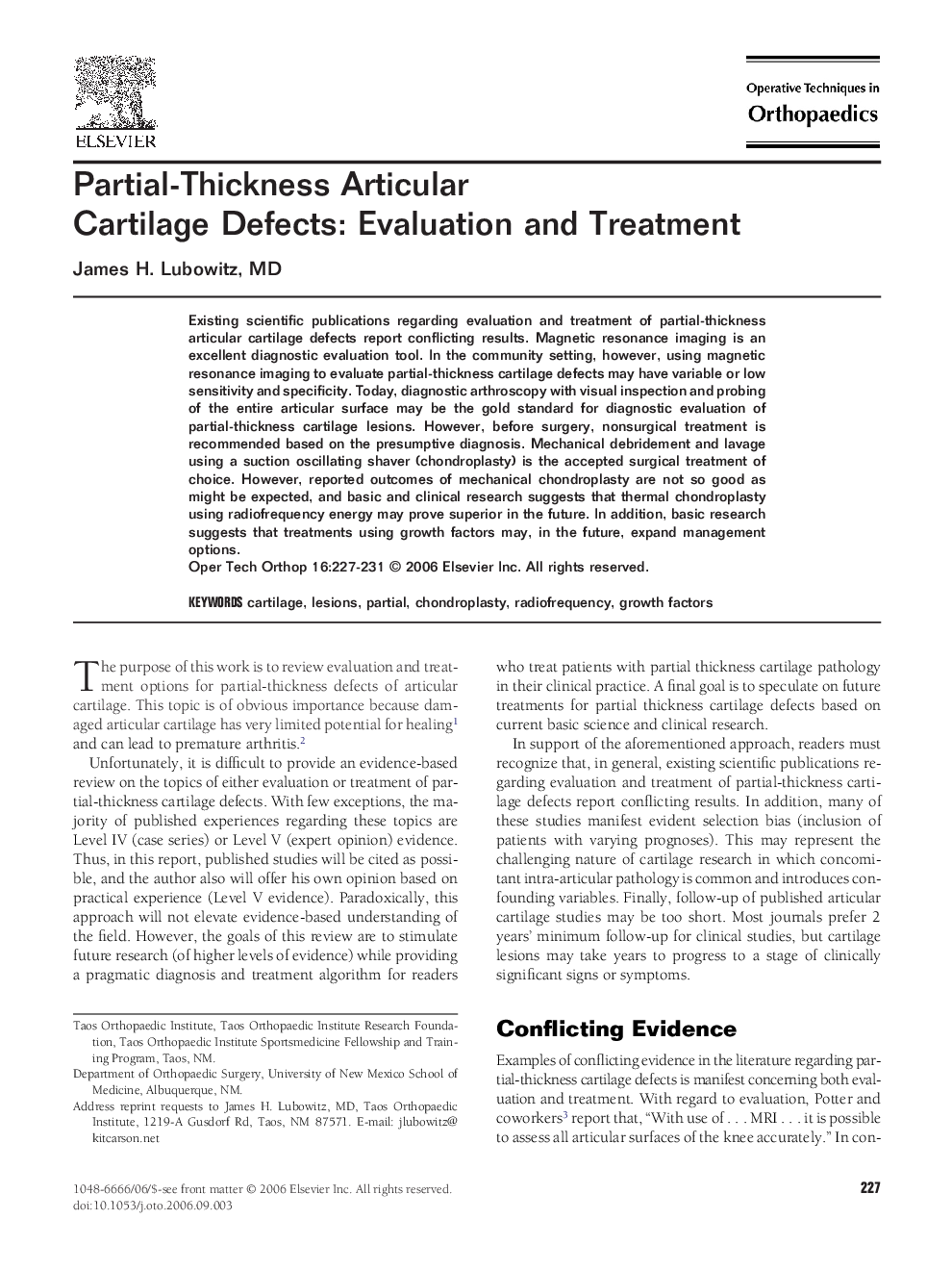 Partial-Thickness Articular Cartilage Defects: Evaluation and Treatment 