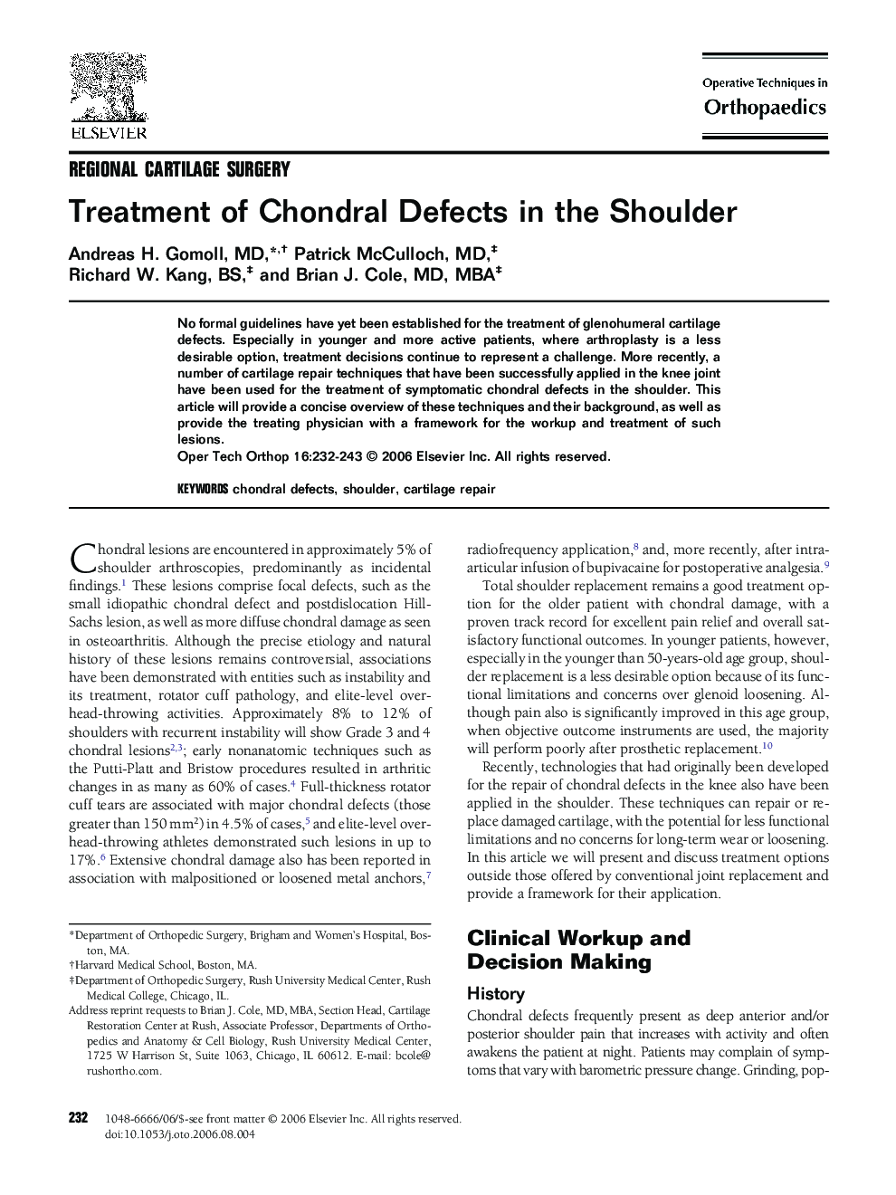 Treatment of Chondral Defects in the Shoulder