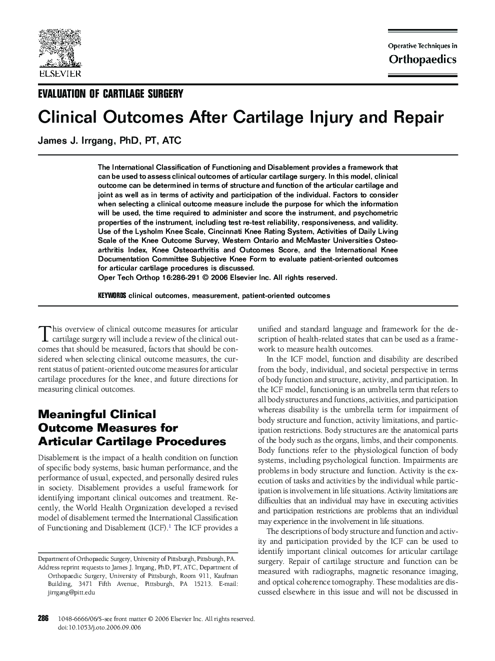 Clinical Outcomes After Cartilage Injury and Repair