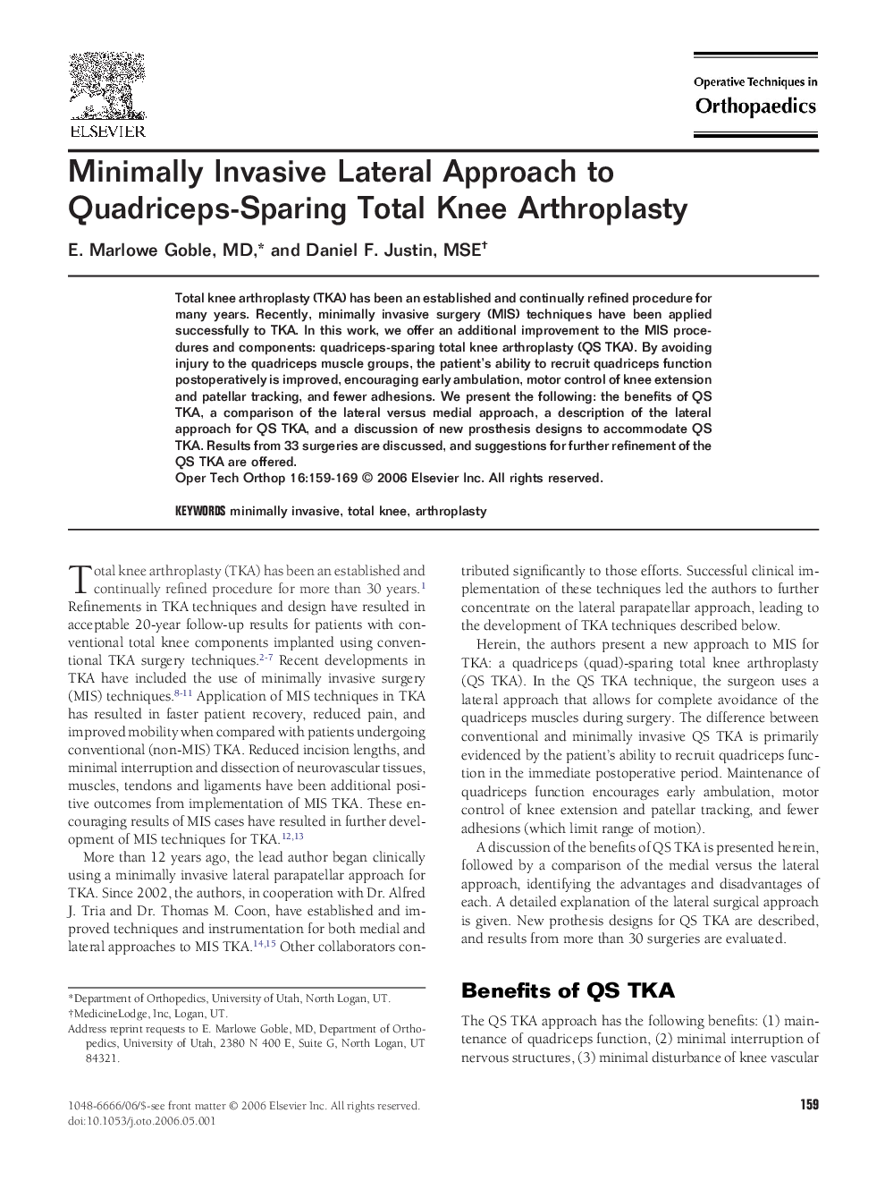 Minimally Invasive Lateral Approach to Quadriceps-Sparing Total Knee Arthroplasty