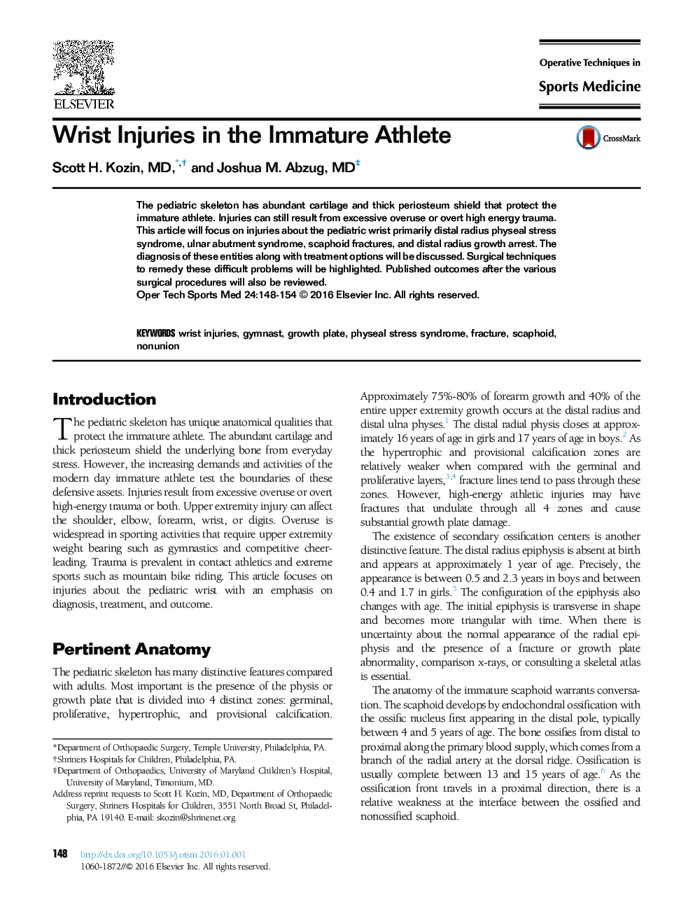 Wrist Injuries in the Immature Athlete