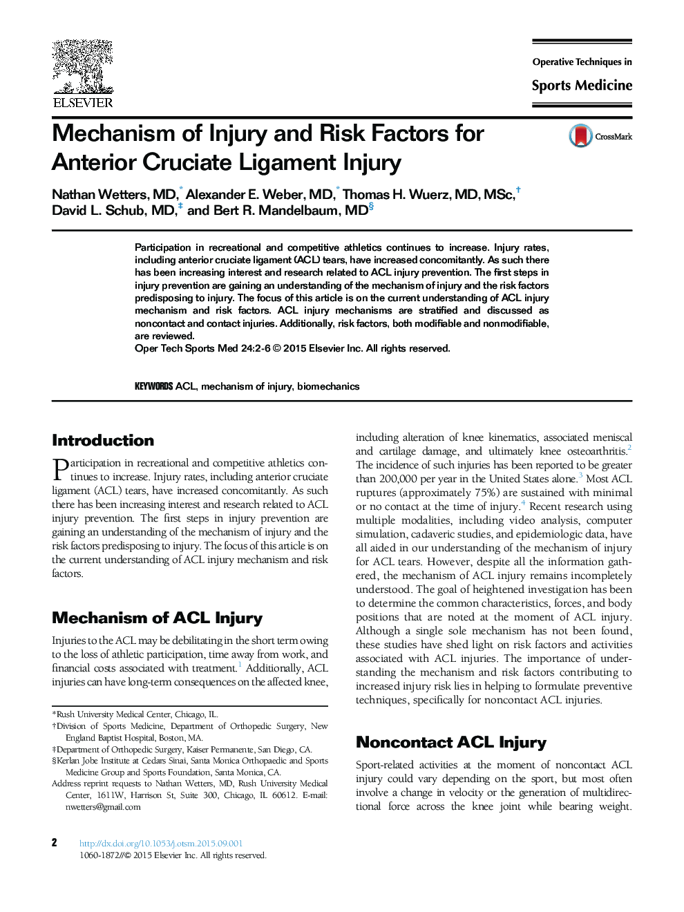 Mechanism of Injury and Risk Factors for Anterior Cruciate Ligament Injury