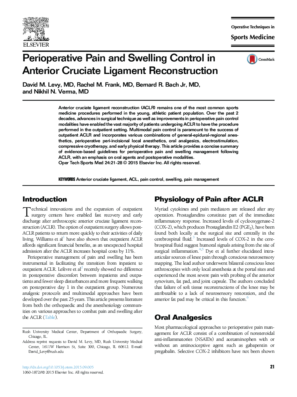 Perioperative Pain and Swelling Control in Anterior Cruciate Ligament Reconstruction