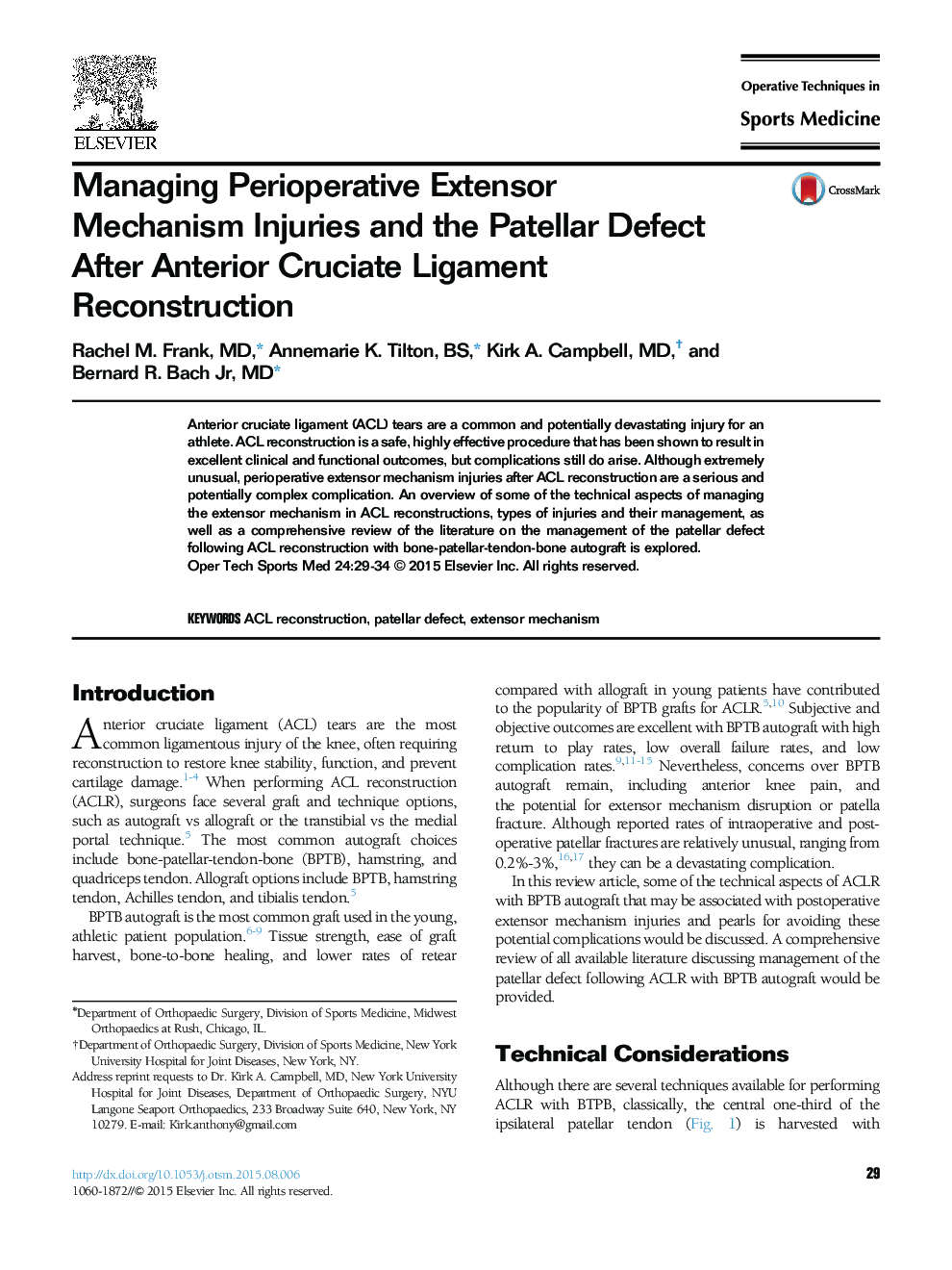 Managing Perioperative Extensor Mechanism Injuries and the Patellar Defect After Anterior Cruciate Ligament Reconstruction