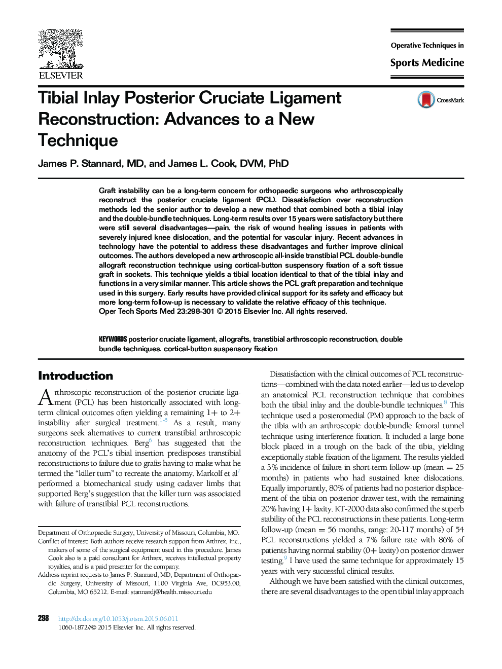 Tibial Inlay Posterior Cruciate Ligament Reconstruction: Advances to a New Technique 