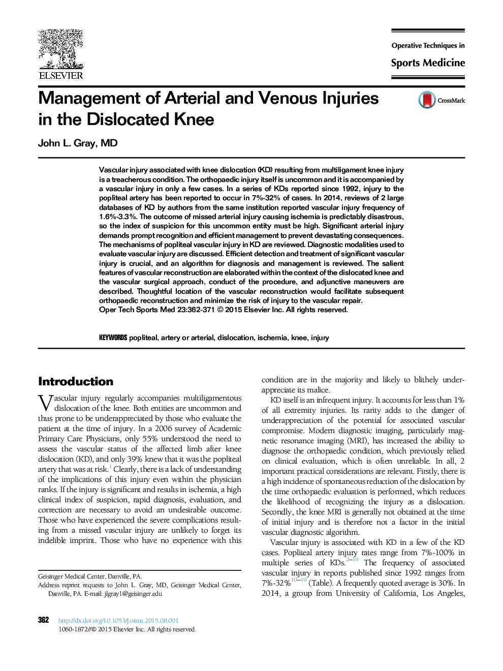 Management of Arterial and Venous Injuries in the Dislocated Knee