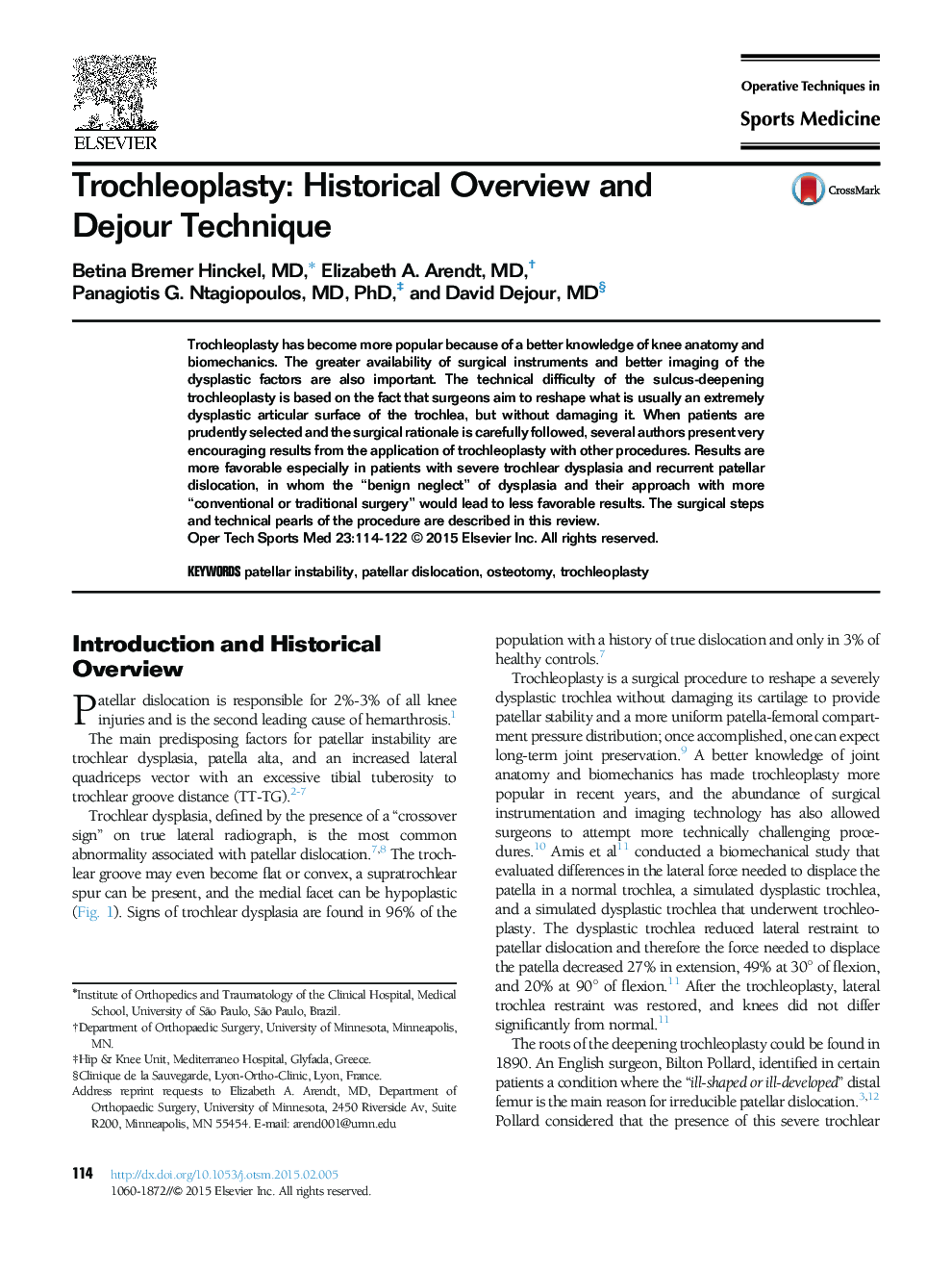 Trochleoplasty: Historical Overview and Dejour Technique