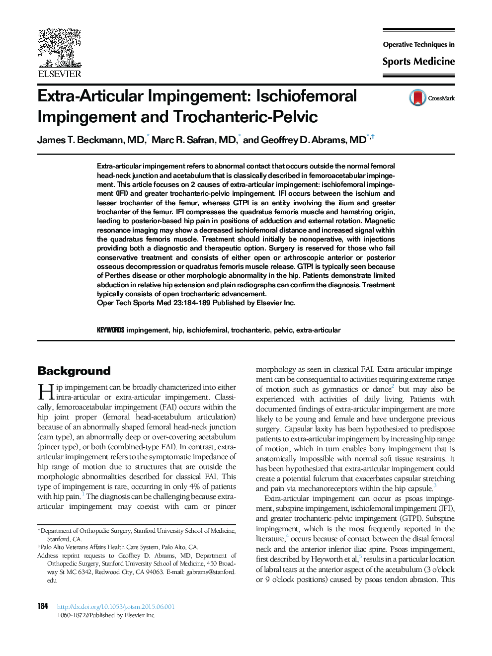 Extra-Articular Impingement: Ischiofemoral Impingement and Trochanteric-Pelvic