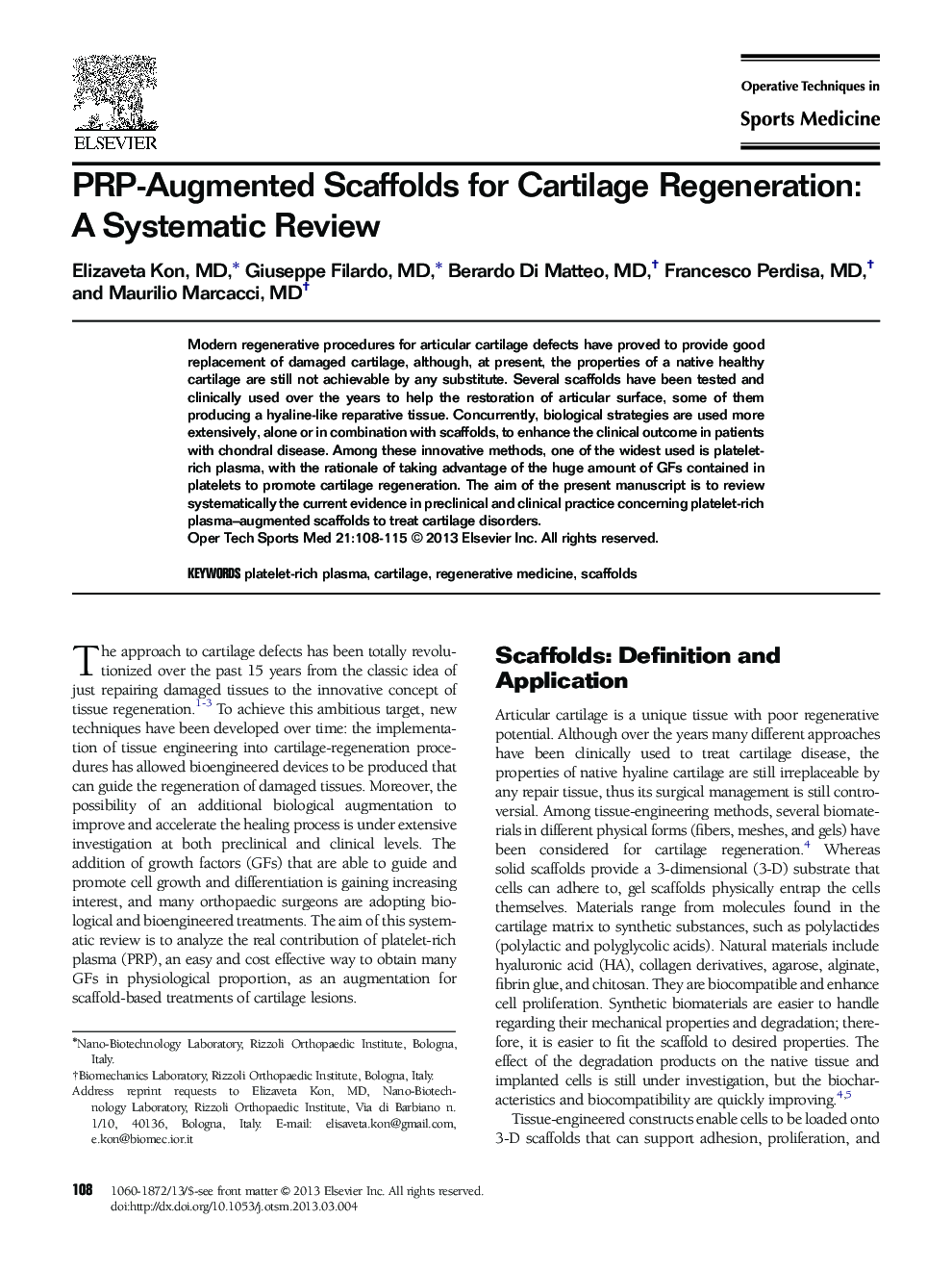 PRP-Augmented Scaffolds for Cartilage Regeneration: A Systematic Review