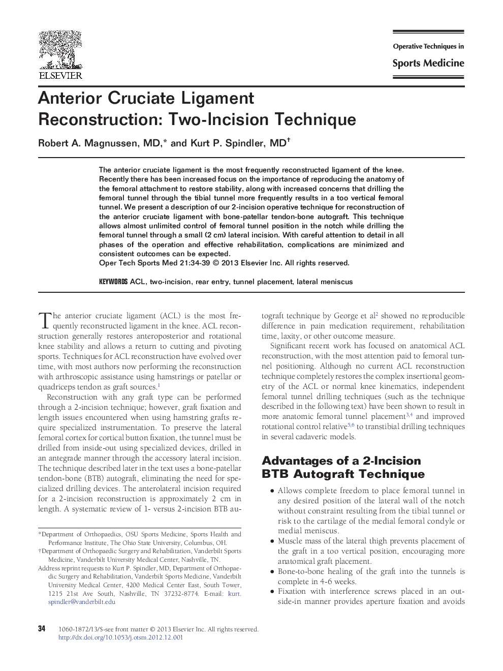 Anterior Cruciate Ligament Reconstruction: Two-Incision Technique