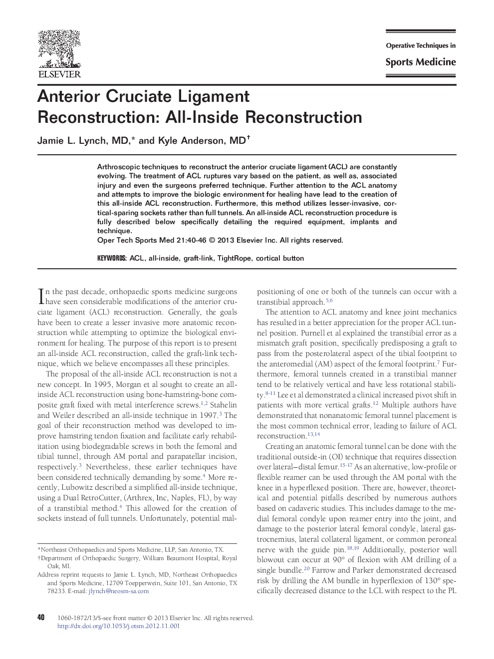 Anterior Cruciate Ligament Reconstruction: All-Inside Reconstruction