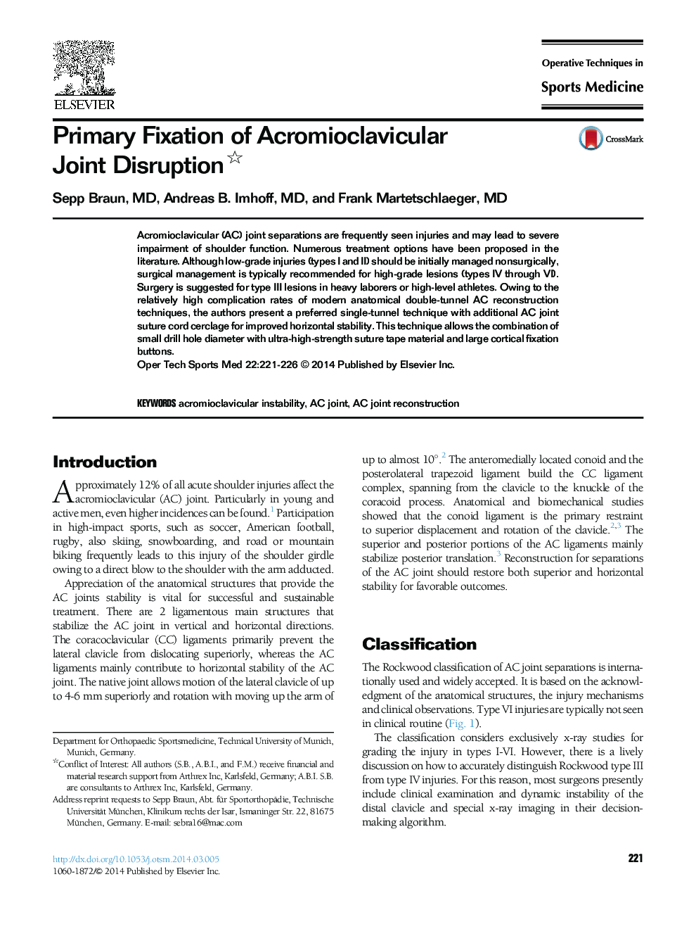 Primary Fixation of Acromioclavicular Joint Disruption 