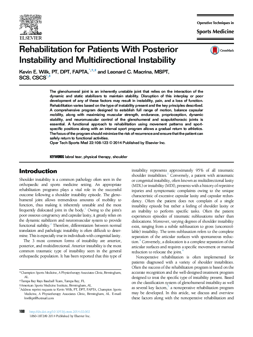 Rehabilitation for Patients With Posterior Instability and Multidirectional Instability