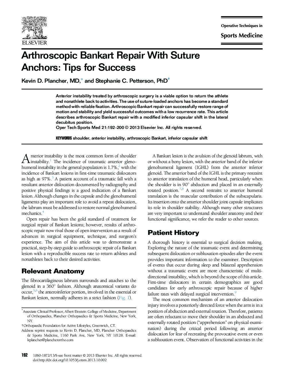 Arthroscopic Bankart Repair With Suture Anchors: Tips for Success