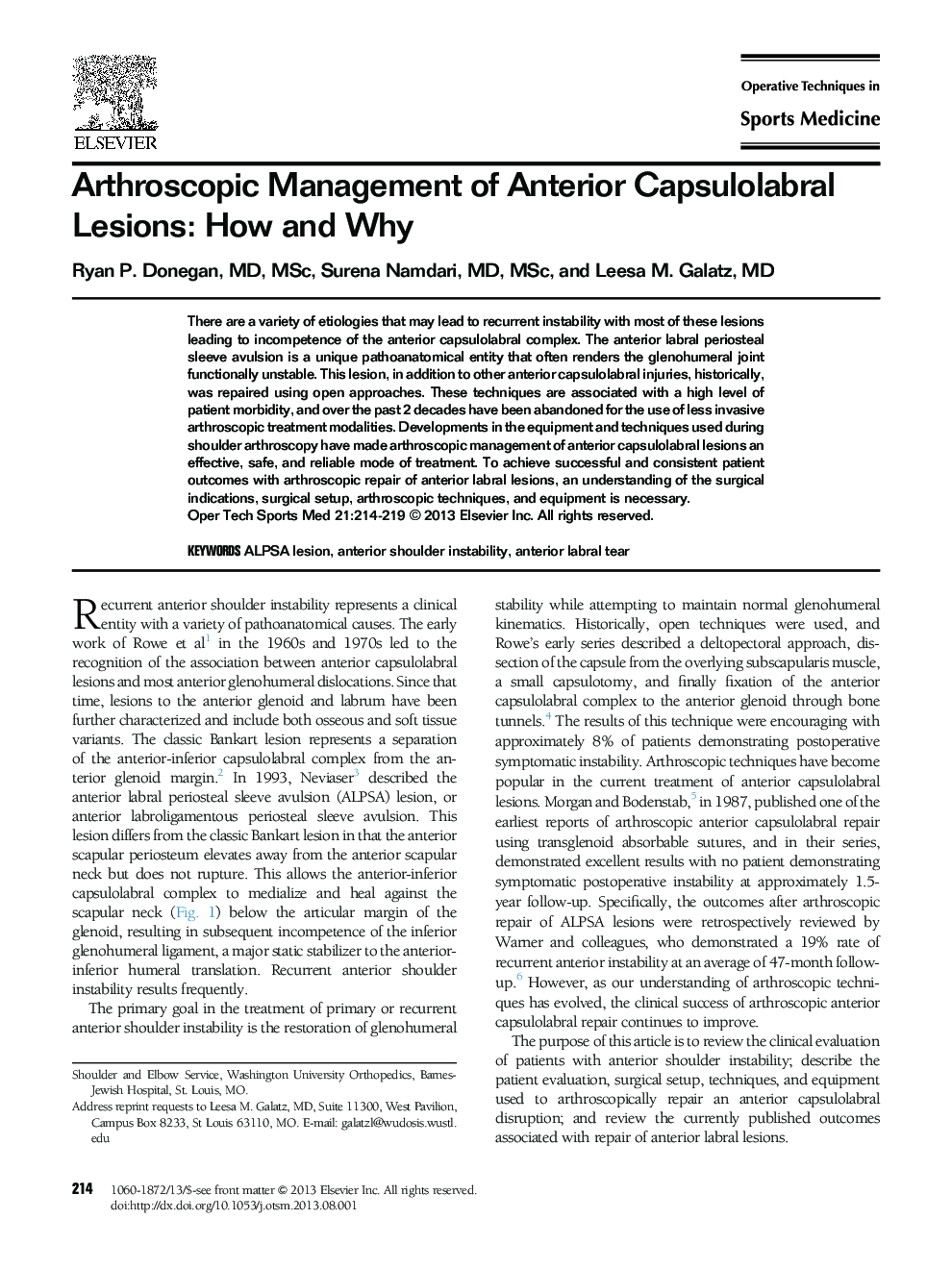 Arthroscopic Management of Anterior Capsulolabral Lesions: How and Why