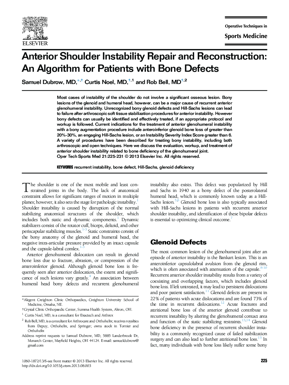 Anterior Shoulder Instability Repair and Reconstruction: An Algorithm for Patients with Bone Defects